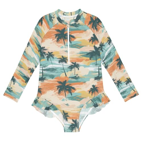 Tropical Palm Tree Girls Long Sleeve Swimsuit UPF 50+ Rashguard Swimwear One Piece Bathing Suit for 3-12 21217488