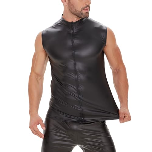 Men Sexy Leather Tank Top, Soft Matte, Plus Size, Male Shiny Vest, Black3