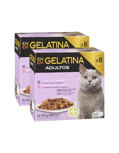 Alimento Húmedo para Gatos Adultos en Gelatina, Atún con Trucha y Salmón con Bacalao, 16 Sobres de 100 g DeliKuit