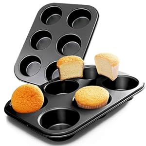 2 Packs Premium Steel Muffin Pan for Baking, Round Muffin Baking Pan, Baking Tray for Muffins, Cupcakes, Brownie(Black, 6 Cup)