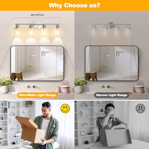 Image of Unicozin Bathroom Light Fixtures, 4 Light Vanity Lights for Bathroom, Brushed Nickel Wall Lamp with Clear Glass for Mirror, Living Room, Hallway, Cabinet, E26 Base