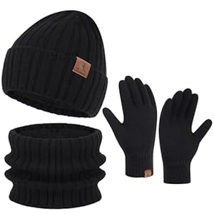 Bonnet d'hiver pour Homme avec Doublure en Polaire - Écharpe Tubulaire - Gants d'hiver tactiles - Bonnet tricoté - Cadeau de Noël pour Homme