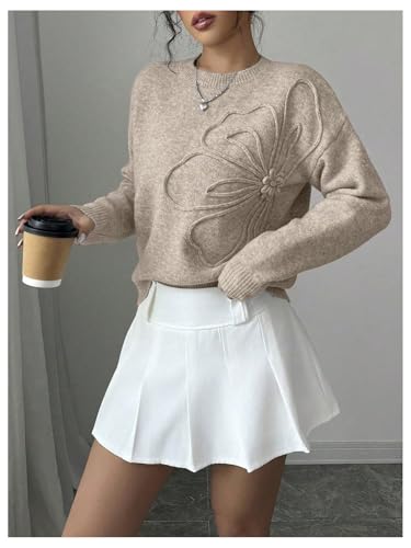 Image of RoseSeek Women's 3D Floral Appliques Crewneck Sweaters Long Sleeve Drop Shoulder Pullovers Elegant Knit Tops