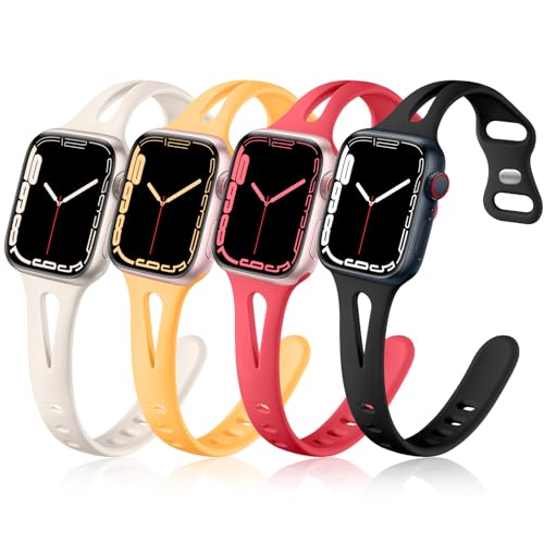 Image of Getino Slim Band Compatible with Apple Watch 40mm 38mm 41mm 42mm 44mm 45mm 46mm 49mm iWatch SE Ultra Series 11 10 9 8 7 6 5 4 3 2 1, Silicone Slim Sport Bands Women, Black /Starlight /Light Orange /Red