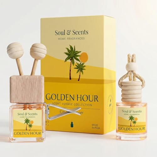 Image of Soul & Scents 16ml Luxury Car Perfumes Vanilla | Golden Hour | 2-in-1 Hanging Pod & AC Vent Air Freshener | Premium Wooden Car Fragrance Accessory | Long Lasting Odour Eliminator | Pack of 2