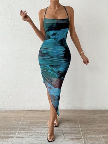 Image of LIGHT DOT Women's Spaghetti Strap Printed Bodycon Ruched Midi Cocktail Dress Sexy Cowl Neck Tie Dye