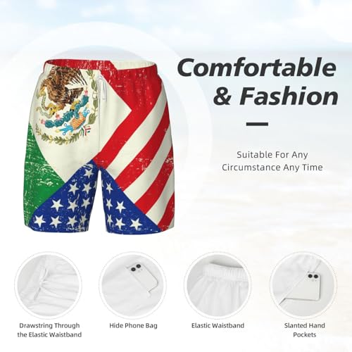 Mexican American Flag Print Men's Double Shorts Casual Lightweight Elastic Waist Drawstring Summer Beach Shorts4