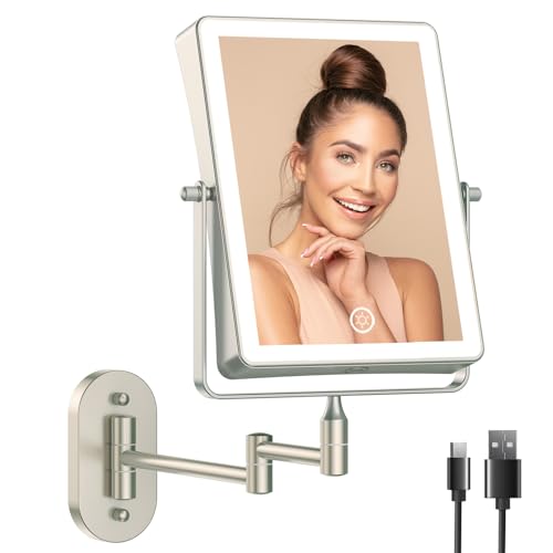 Famihomii Recargable Espejo Maquillaje con Luz Pared, Grande 8,7 Pulgad Baño de Pared con Regulable 3 Color Luces, 360 Giratorio Brazo Extensible, SPA, Hotel, Plata 22CM * 20.8CM (Bronce)