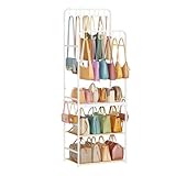 Large Tall Purse Organizer for Closet with 14 Purse Hanger, Double Rods Purse Rack Stand with 8 Side Hooks, 5-Tier Handbag Organizer Shelf, Space-Saving Purse Storage Organizer for Small Place