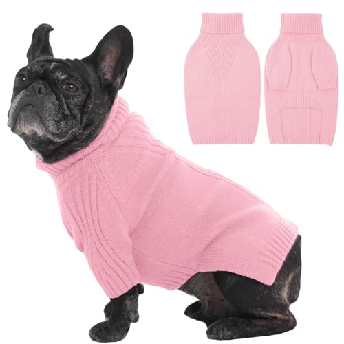 Image of IECOii Small Dog Sweater, Warm Turtleneck for Small to Medium Dogs, L | Holiday Knit Doggy Sweatshirt,Girl Boy Dog Sweaters for Winter,Cozy Pullover Knitwear with Sleeve for French Bulldog, Pink