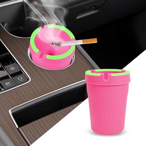 Image of Glow in The Dark Ashtray, Car Ashtray, Cigarette Self-Extinguishing Car Cup Holder Ashtrays with Lid, Universal Portable Mini Vehicle Cigarette Trash Can Auto Accessories for Cars (Pink)