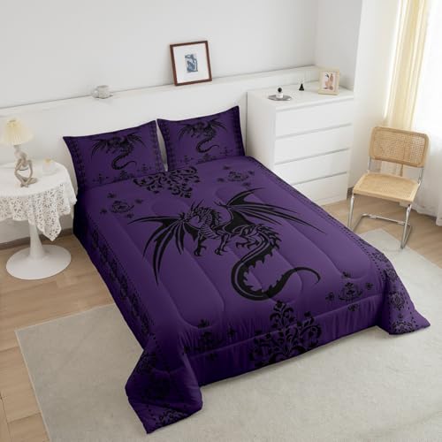 Image of Feelyou Dragon Bedding Set Kids Boys Teens Gothic Damask Paisley Floral Comforter Set Twin Size Women Bohemian Exotic Duvet Insert Animal Theme Room Decor,Purple Black
