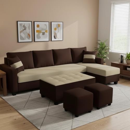 Image of CASASTYLE Adonway 8 Seater Fabric RHS L Shape Sofa Set (Cream-Dark Brown) Premium Velvet Finish | Ideal for Living Rooms