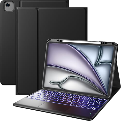 Vobafe Hülle mit Tastatur für iPad Air 13 Zoll 2025 M3/2024 M2, iPad Pro 12.9 (3. 4. 5. 6. Gen), QWERTZ Keyboard Multi-Touch Trackpad 7 Farben Beleuchtung, Pflegeleicht, mit Stifthalter, Schwarz