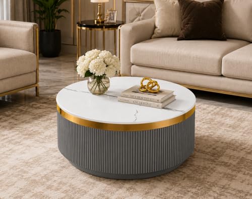 Image of Modern Round Centre Table - 76x76x46 cm | White Marble Top with Gold Accent Strip & Charcoal Louvers | Luxury Coffee & Tea Table for Living Room, Lounge & Entryway (Grey)