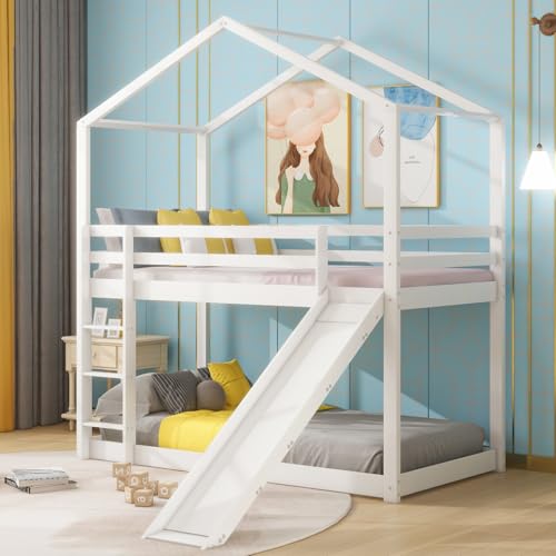 Moimhear Kinderbett Hausbett 90 x 200 cm, Niedriges Etagenbett mit Rutsche,...