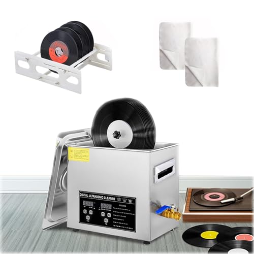 Pulitore per dischi ad ultrasuoni, serbatoio in acciaio inox per vinile, timer digitale e riscaldamento, con rack e panni, rimozione della polvere con scanalatura profonda, cura audio domestica