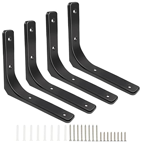 DOMI PRO Équerres Étagère Murale, 4 Pièces Equerre Metal 200mm x 250mm Equerre Charge Lourde Support Etagere Murale, Finition Noir Brillante Pour Étagère Suspendus Placard Déco Cover