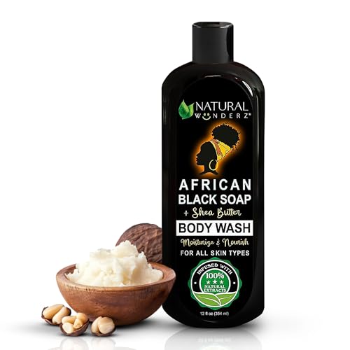 Natural Wunderz African Black Soap Body Wash, 12 oz – Sulfate‑Free, Vegan Cleanser with Shea...