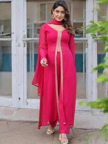 Image of Elegant Women?s Ethnic Kurta Set with Intricate Embroidered Lacework - Designer Kurta with Dupatta & Bottom Wear - Perfect for Weddings & Festive Occasions