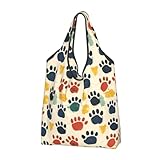 Nevjipu Bolsa grande para mujer – Colorido estampado de patas de perro, ligero, reutilizable, plegable, cómodas bolsas de compras para comestibles, bolsa de tela, trabajo, viajes, playa con asas