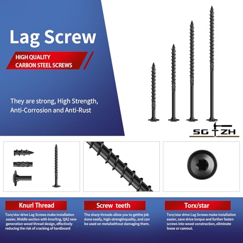 Image of #14 x 5 Inch Lag Screws (114Pcs) 4lb. Structural Wood Screw, Black, Carbon Steel, Washer Head, Rust Resistant epoxy Coated, T30 Star Bit