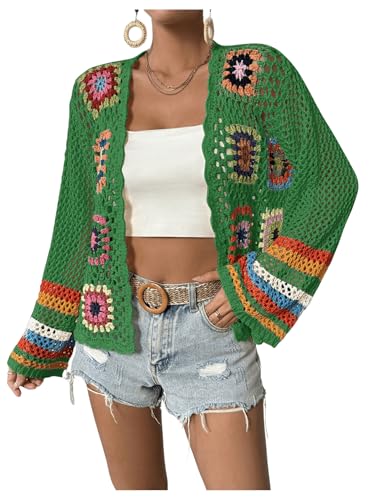 Image of SHENHE Women's Floral Crochet Cardigan Hollow Out Open Front Long Sleeve Cardigan Sweater