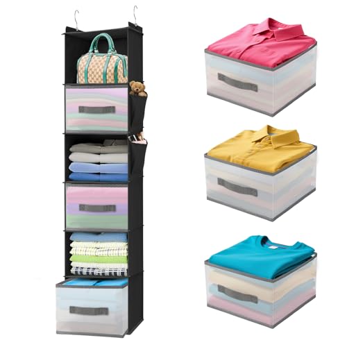Best Drawers for Hanging Closet Organizer to Maximize Your Storage Space 4 BIEBOS 6-Tier Hanging Closet Organizer with 3 Drawers and Side Pockets – Multi-Functional Storage for Shoes, Belts, Purses, and Clothing