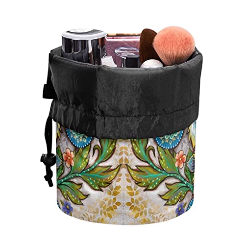 Poceacles Boho Flower Print Barrel Drawstring Makeup Bag, Portable Foldable Travel Cosmetic Bag Large Barrel Toiletry Organizer Storage Pocket for Women