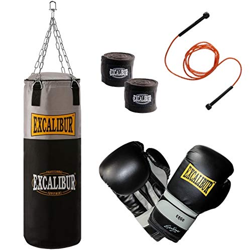 MAXXUS Boxsack Set EXCALIBUR WORKOUT 100 - 10/12/14Oz, Gefüllt & Hängend, Erwachsene, 100cm Punchingsack, Boxhandschuhen, Boxbandagen, Sprungseil, Kette - Kickboxen, Boxing, Muay Thai, MMA, Kampfsport Cover