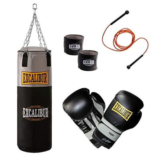 MAXXUS Boxsack Set EXCALIBUR WORKOUT 100 - 10/12/14Oz, Gefüllt & Hängend, Erwachsene, 100cm Punchingsack, Boxhandschuhen, Boxbandagen, Sprungseil, Kette - Kickboxen, Boxing, Muay Thai, MMA, Kampfsport