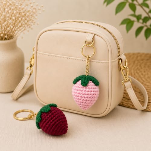 Image of Handmade Crochet Keychain | Cute Knitted Key Ring Charm | Crochet Animal, Fruit, Flower, Evil Eye & Food Plush Keychain for Car Keys, Backpack, Handbag & Gift (Pack of 1) (strawberry)