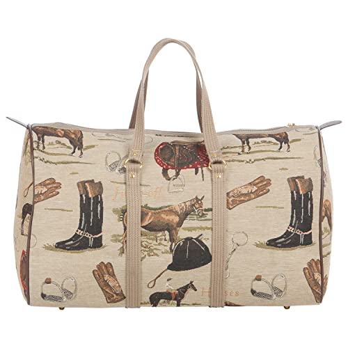 Huntley Equestrian 01026 Classic Tapestry English Design Duffle Bag Lightweight Patterned Cotton Heavy Duty Handles Center zipper Reinforced Bottom