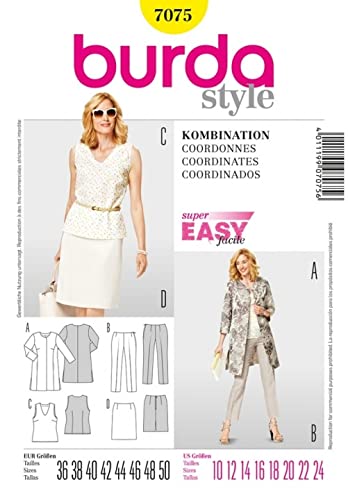 Burda Ladies Cutting Pattern 7075 – Top, Skirt, Shorts, Dress, Different Sizes:12-26