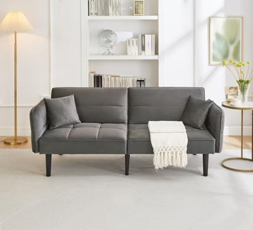 Ojiuboo Sofá cama ajustable 2 en 1, funda de terciopelo, reposabrazos plegables, respaldo reclinable triple independiente, seis patas de madera maciza, con cojín, 176 x 78 x 76 cm (gris envejecido)