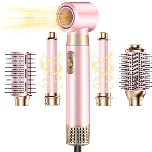 5 in 1 Blow Dryer Brush Set Upgrade Hair Dryer & Blow Dryer Brush & Air Curling Wrap & Paddle Brush Detachable Hot Air Brush Styling Tools High Speed Travel Hair Volumizer Straightener Curler Pink
