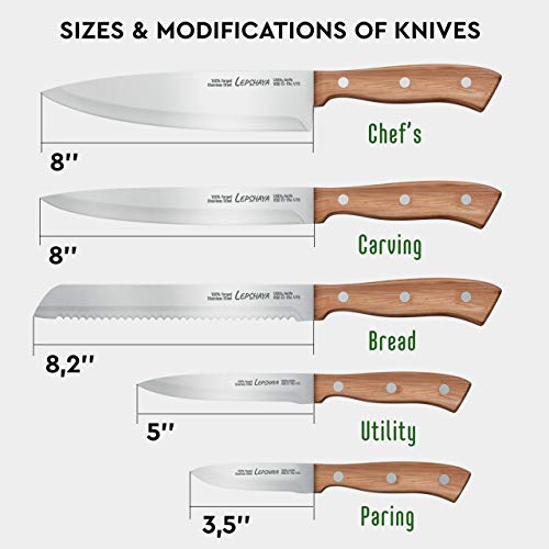 Knife Set 5 pieces Sharp Kitchen Knives Stainless steel blades Wooden Handle Solid ecological acacia Wooden handles - Laser sharpening - Kitchen Chef Knife SET (NEW)