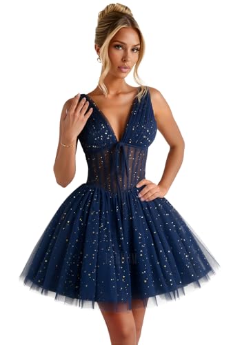 GARDOM Sparkly Starry Tulle Homecoming Dresses Short for Teens V Neck Prom Dresses Star Moon Cocktail Dress Mini Gowns