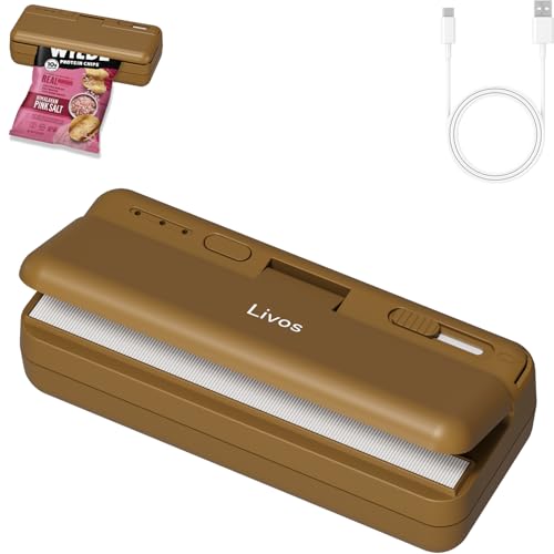 Livos ヒートシーラー ハンディ 家庭用 小型 軽量 カッター付き 携帯式磁石シーラー 1300mAh Type-C充電 三段階温度調整 食品保存 幅10cm 抗酸化機能 予熱不要 操作簡単 日本語取扱説明書付きの商品画像（Amazon）