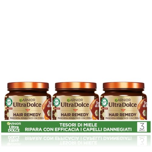Garnier Ultra Dolce Tesori di Miele, Multipack Maschera Riparatrice, 97% origine naturale, 1 Minuto di Posa, Per Capelli Danneggiati, Senza siliconi, Confezione da 3 x 340 ml​