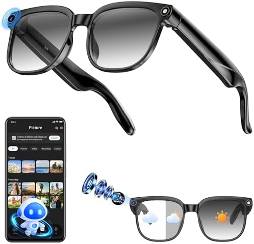 Hwagol AI Smart Glasses 800W-Kamera mit Bildstabilisierung, HD-Auflösung Brille mit Kamera, unterstützt Videoaufzeichnung/Musikwiedergabe/Audioaufzeichnung/Bluetooth-Anrufe/GPT Obj