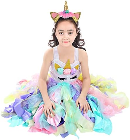Wish Care Unicorn Costume for Girls 3-10 Years, Sequin Unicorn Rainbow Tutu Dress Birthday Party Costume Outfit for Kids Gift