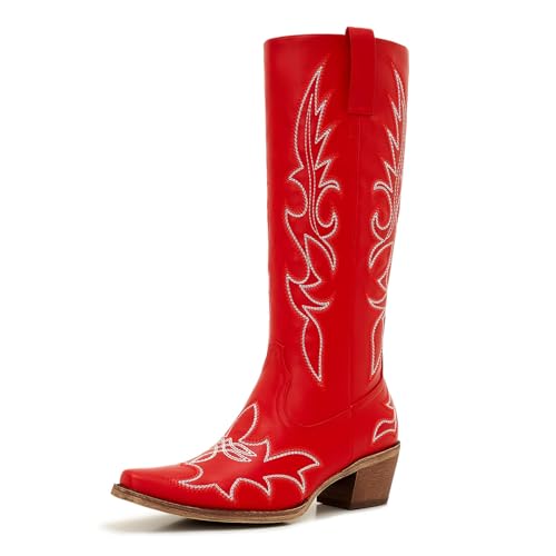 Image of Uillnoodu Women's Turquoise Cowgirl Boots - Wide Calf Mid Calf Western Boots Plus Size Embroidered Cowboy Style with Block Heel