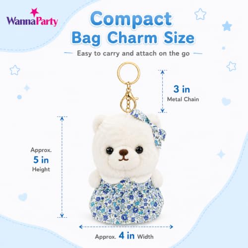 Image of Wanna Party White Teddy Bear Plush Keychain, Cute Soft Bear Bag Charm with Blue Floral Dress