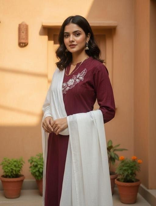 Image of Women Three Piece Kurta Set with Dupatta and Pant Modern Ethnic Design for Office and Traditional Occasions