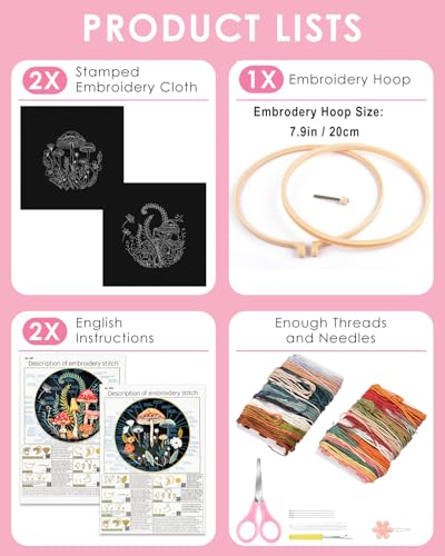 Image of TINDTOP Embroidery Kit for Adult Beginners, Embroidery DIY Starter Kit | 2 Pack with Mushroom Stamped Patterns, Hoop, Tools, Colorful Threads with Needles, Instructions