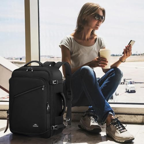 MATEIN Ryanair Handgepäck 40x30x20, Handgepäck Rucksack Flugzeug Herren 24L, Erweiterbar Rucksack 40x30x20 Ryanair Eurowings Reiserucksack Damen Travel Backpack Cabin Bag für Business, Reise, Schwarz