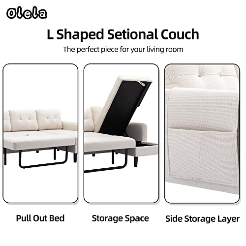 Olela Pull Out Sleeper Sofa Couch,Linen Convertible Sofa Bed L Shape Sectional Sofa With Storage Chaise And Pocket For Living Room (Beige-Tufted Back) #TOP5