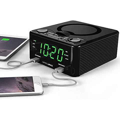 HANNLOMAX HX-300CD Top Loading CD Player, PLL FM Radio, Digital Clock, Dual Alarm, 1.2" Green LED Display, Dual USB Ports for 1A and 2.1A Charging, Aux-in, AC/DC Adapter Included (Black) Cover
