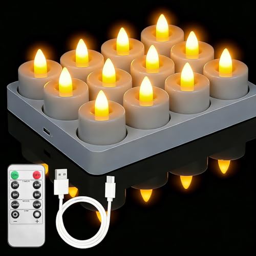 12 Bougies Chauffe-plat LED Rechargeables avec Télécommande & Minuterie, Flamme Vacillante ou Lumière Continue, Bougies LED Électriques Autonomie 18–48h, Pour...